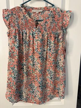LOFT Coral and Teal Floral Smocked Cap-Sleeve Blouse